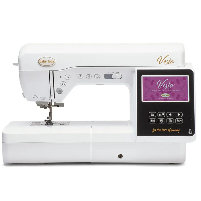 Baby Lock BLMVE Vesta sewing and embroidery machine front view with touchscreen display