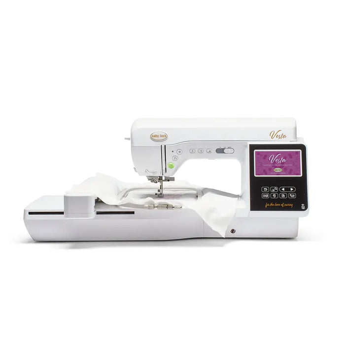 Baby Lock Vesta embroidery machine with extended embroidery arm and hoop attached during stitching