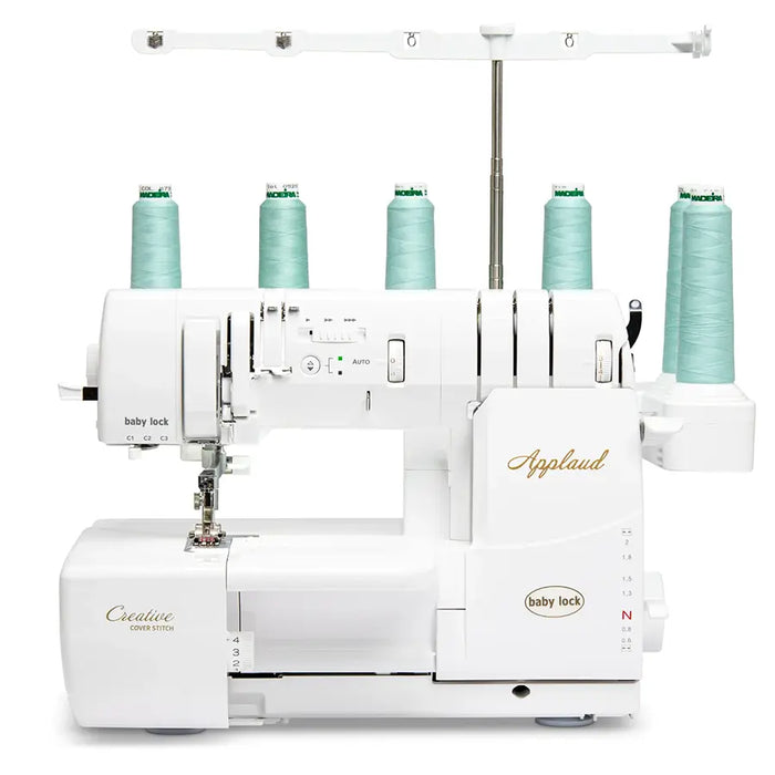 Baby Lock BLP6 Applaud Creative Top Cover Stitch Serger front view with multiple thread cones, showing premium cover stitching capabilities.