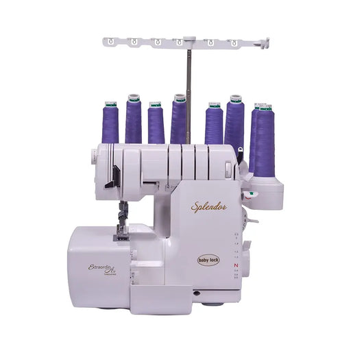 Baby Lock Splendor BLSP8 serger machine front angle showcasing thread stand and multi-thread capabilities