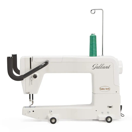 Baby Lock Gallant BLGT15 long arm quilting machine side view with thread spool, showcasing 15-inch throat space.