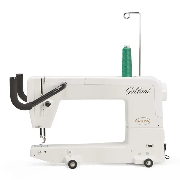 Baby Lock Gallant BLGT15 long arm quilting machine side view with thread spool, showcasing 15-inch throat space.