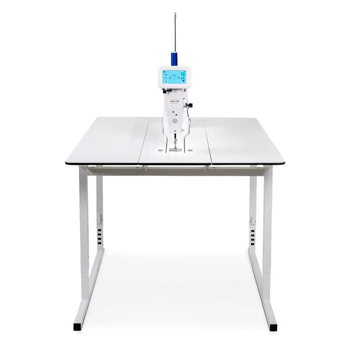 Front view of Baby Lock Gallant XL Stationary 18-inch longarm quilting machine on spacious stationary quilting table.
