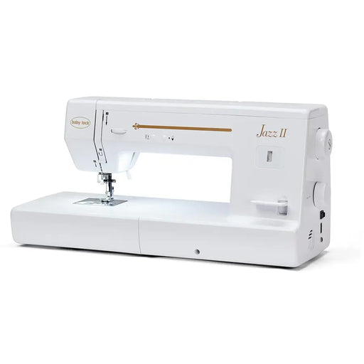Side view of Baby Lock Jazz II BLMJZ-2D quilting and sewing machine featuring 12-inch workspace and DC motor.