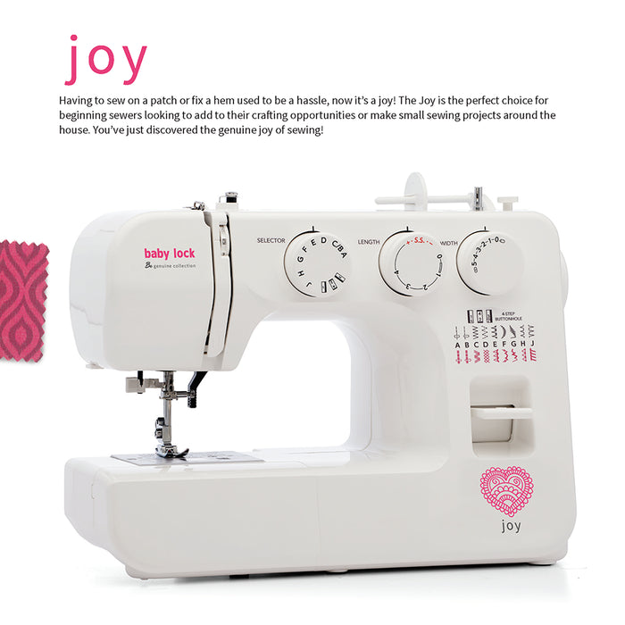 Baby Lock Joy BL25B sewing machine promotional image featuring stitch panel, needle area, and pink Joy branding graphic.