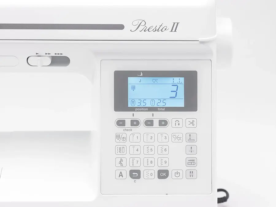 Baby Lock Presto II LCD control panel showing stitch options and settings