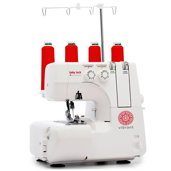Baby Lock BL460B Vibrant serger sewing machine angled front view featuring tension dials and four-thread setup for high-quality fabric edge finishing.