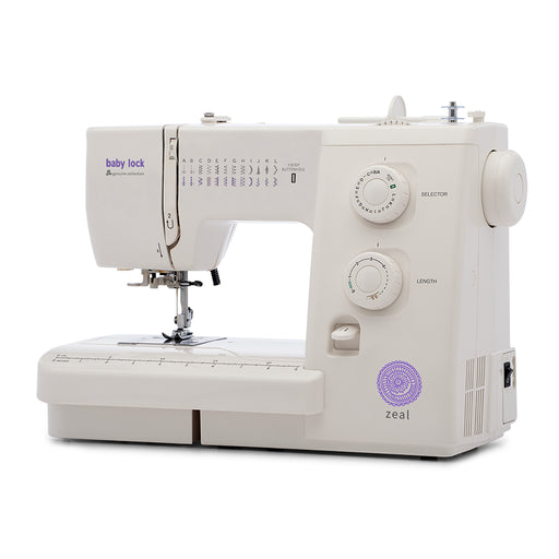 Baby Lock Zeal BL35B Sewing Machine angled view featuring built-in stitch selector, quick-set bobbin, and durable white body.