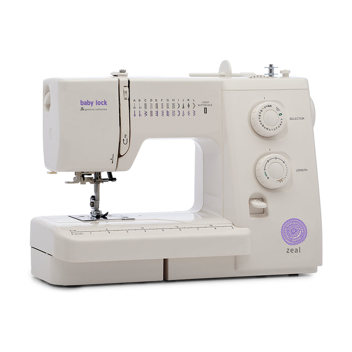 Baby Lock BL35B Zeal Sewing Machine side angle highlighting 25 built-in stitches, length dial, and user-friendly layout.