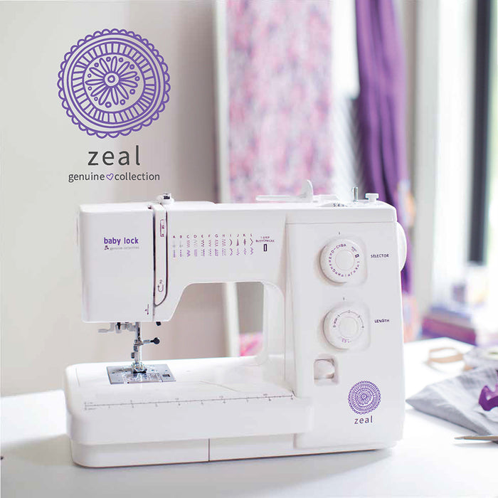 Baby Lock BL35B Zeal Sewing Machine product lifestyle image with Genuine Collection logo for sewing and DIY projects.