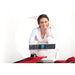 Woman sitting at a sewing machine with a white background
