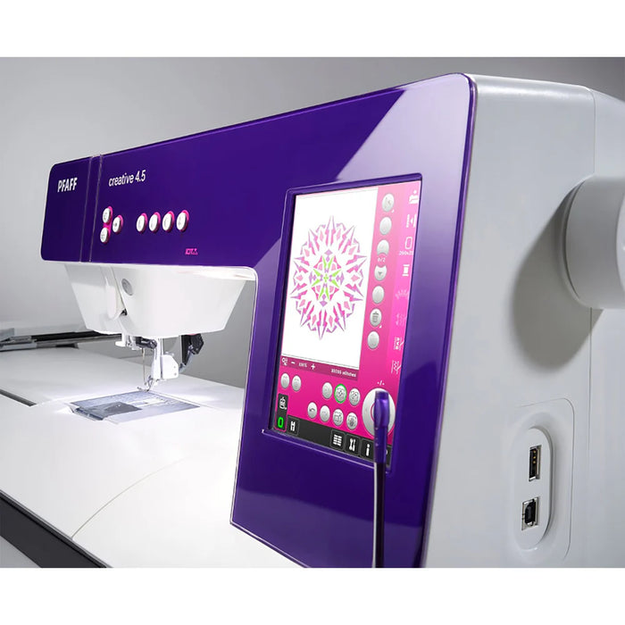 Sewing machine with a purple display panel on a white background