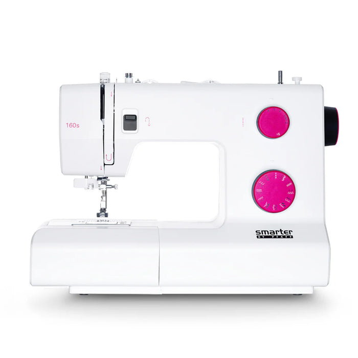 White sewing machine with pink accents on a white background