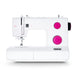 White sewing machine with pink accents on a white background