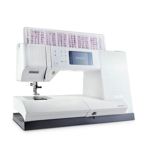 White Pfaff sewing machine with digital display on a white background