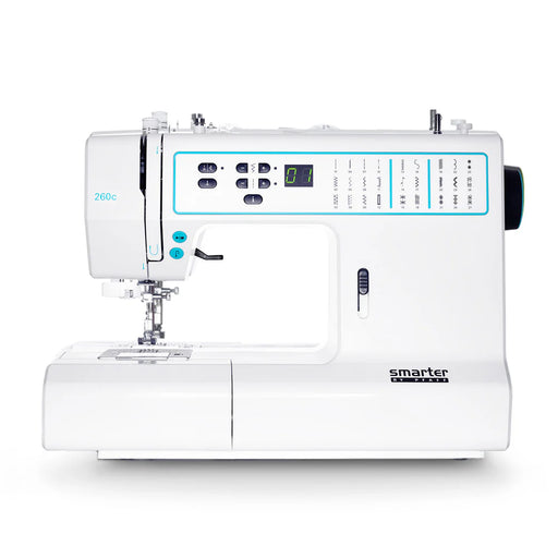 White sewing machine with digital display on a white background