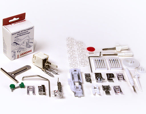 Janome HD-3000BE sewing machine accessories kit including presser feet, bobbins, quilting attachment and sewing tools
