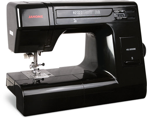 Left angle view of Janome HD-3000BE Black Edition heavy-duty mechanical sewing machine