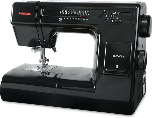 Rear left side view of Janome HD-3000BE sewing machine showing durable body and stitch control panel
