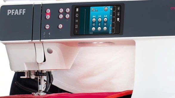 Sewing machine with digital display and control panel, featuring the PFAFF brand.