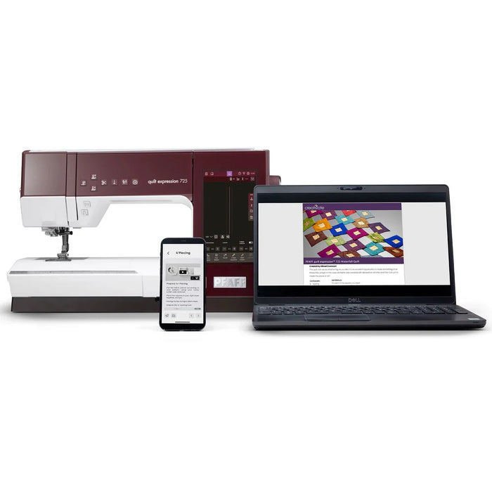 Sewing machine, smartphone, and laptop on a white background