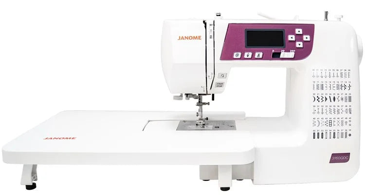 Janome 3160QDC-G sewing machine with extension table attached, full-size portable quilting machine setup.