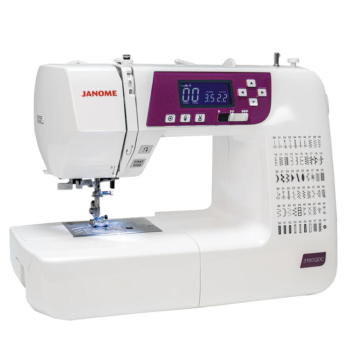 Angled view of Janome 3160QDC-G sewing machine showing control buttons, LCD screen, and stitch options.