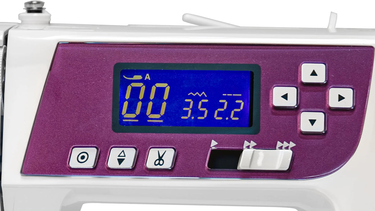 Close-up of Janome 3160QDC-G LCD display and control panel featuring stitch width, length, and selection buttons.