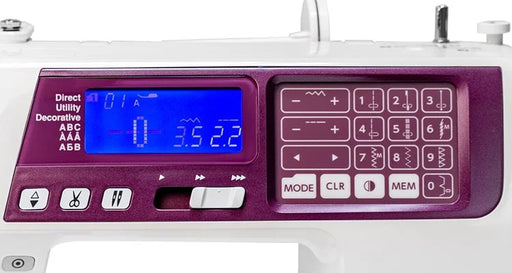 Close-up of Janome 4120QDC-G sewing machine LCD display and stitch selection keypad showcasing advanced computerized sewing functions.