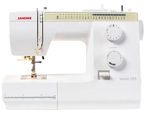 Janome Sewist 725S mechanical sewing machine front view showing stitch panel and controls for home sewing projects.