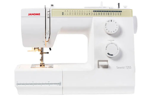 Front profile of the Janome Sewist 725S mechanical sewing machine showcasing stitch guide and control dials.
