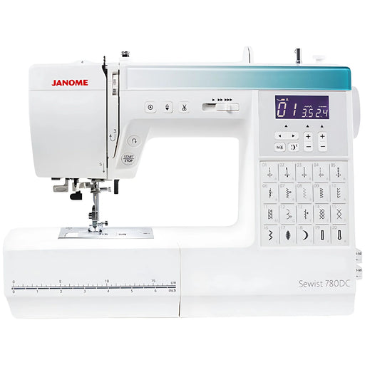 Janome Sewist 780DC computerized sewing machine front view showcasing LCD screen and stitch selection panel.