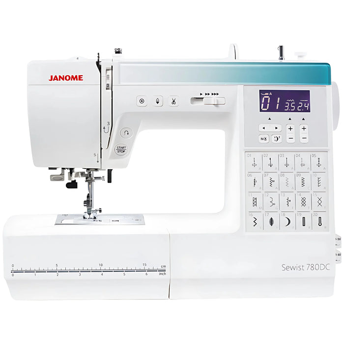 Janome Sewist 780DC computerized sewing machine front view showcasing LCD screen and stitch selection panel.