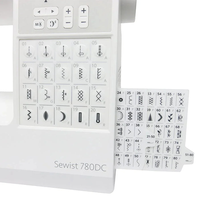 Close-up of Janome Sewist 780DC slide-out stitch chart featuring decorative, utility, and buttonhole stitches.