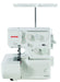 Janome 8002D Serger Machine front view showing thread tension dials, stitch controls, and upper thread stand for professional overlock stitching.