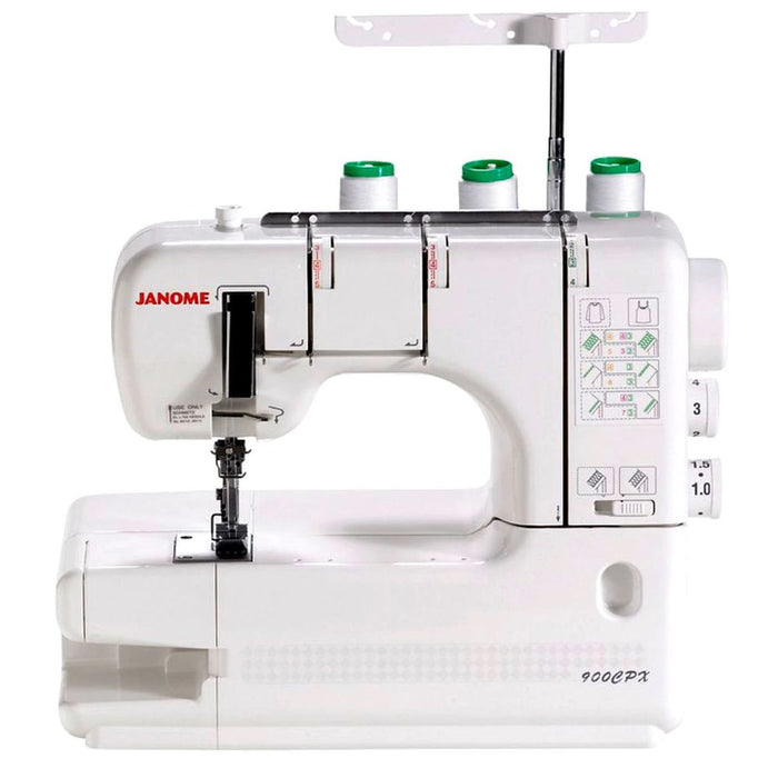Janome CoverPro 900CPX Cover Hem Machine front view showing threading system, tension dials, and wide sewing bed for professional coverstitching.