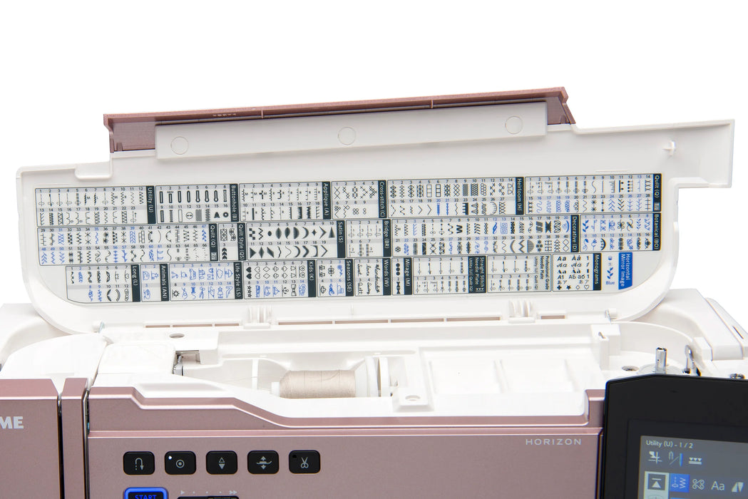 Top panel of the Janome Horizon Memory Craft 9410QC displaying the full library of 300 built-in stitches and stitch chart lid.