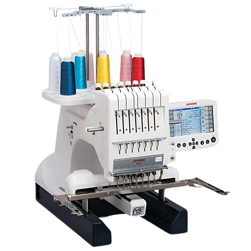 Janome MB-7 seven-needle embroidery machine with multi-thread setup, professional multi-needle embroidery equipment for home business and commercial stitching.