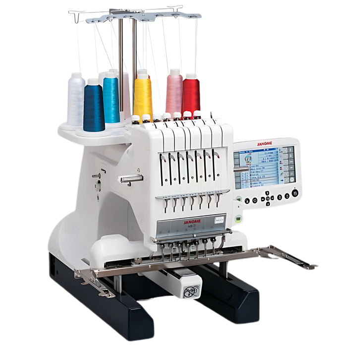 Janome MB-7 seven-needle embroidery machine with multi-thread setup, professional multi-needle embroidery equipment for home business and commercial stitching.