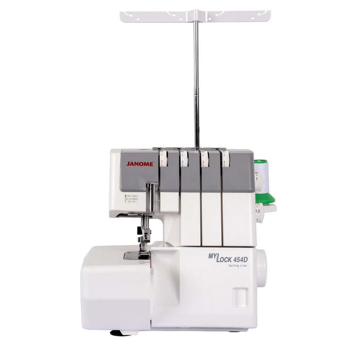 Janome MyLock 454D Sailing Line Serger Machine front view with four-thread tension dials and telescopic thread stand.