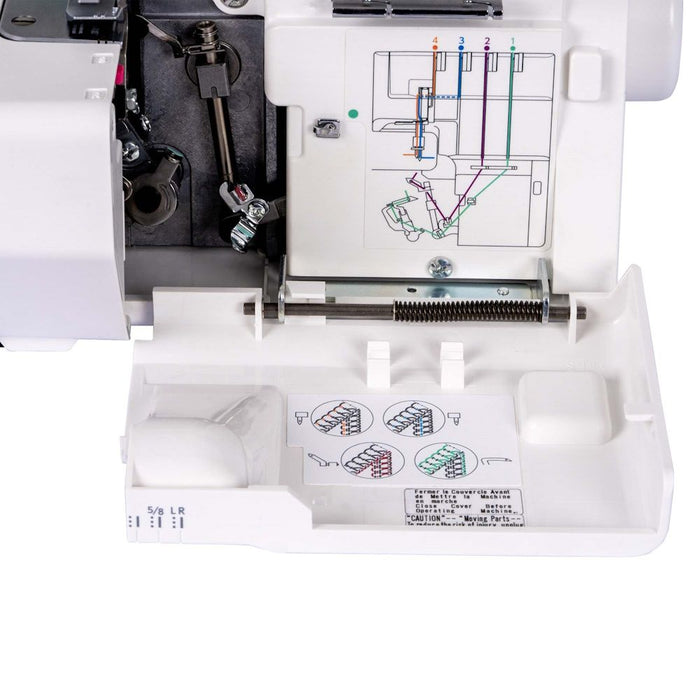 Lower looper area of the Janome MyLock 454D serger with detailed threading diagram and access panel open.