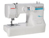 Janome MyStyle 100 sewing machine with built-in stitches and manual dials on a white compact frame.