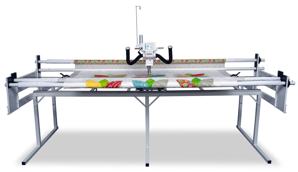 Front view of Janome Quilt Maker 15 long arm quilting machine with ergonomic handles and precision quilting needle assembly