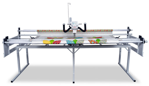 Front view of Janome Quilt Maker 15 long arm quilting machine with ergonomic handles and precision quilting needle assembly