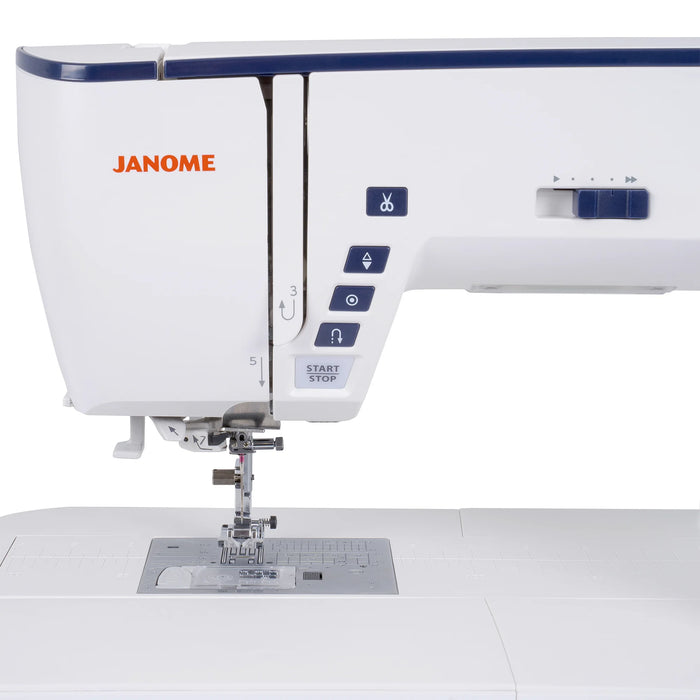 Close-up of Janome Skyline S6 Anniversary Edition needle area, thread controls, and start/stop buttons.