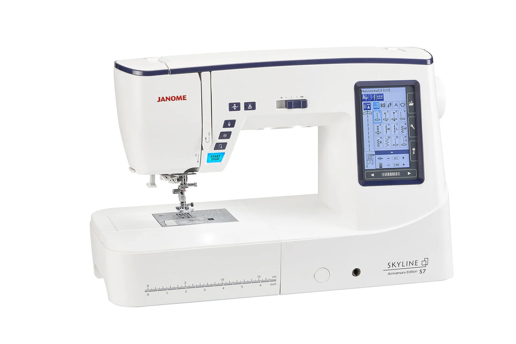 Janome Skyline S7 Anniversary Edition sewing machine angled view showcasing large workspace and advanced controls.