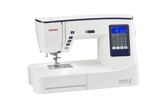Side angle of Janome Skyline S3 Anniversary Edition showing stitch controls, LCD display, and sewing area.
