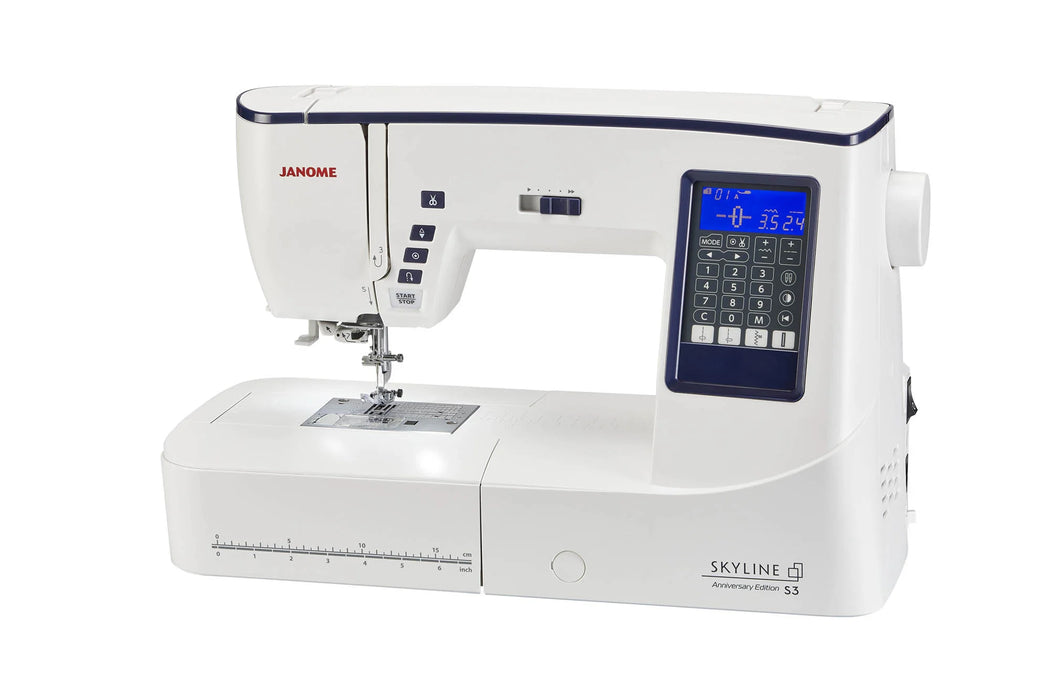 Janome Skyline S3 Anniversary Edition sewing machine with illuminated LCD screen and precision stitch controls.