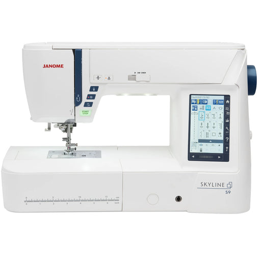 Janome Skyline S9 Computerized Sewing and Embroidery Machine with LCD touchscreen and advanced stitch controls.