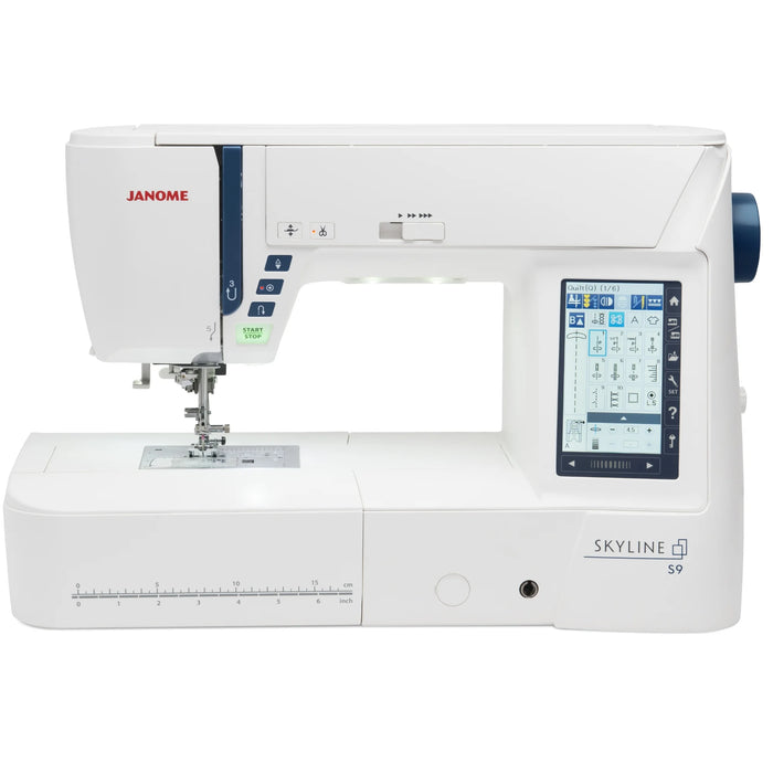 Janome Skyline S9 Computerized Sewing and Embroidery Machine with LCD touchscreen and advanced stitch controls.